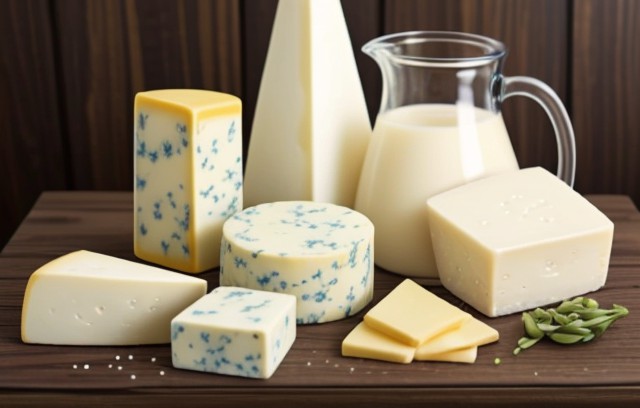 A diverse range of fresh dairy products including milk, butter, cottage cheese, and yogurt.