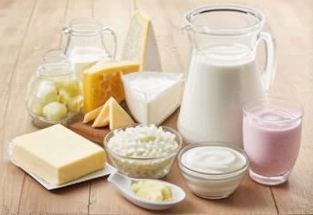 A diverse range of fresh dairy products including milk, butter, cottage cheese, and yogurt.