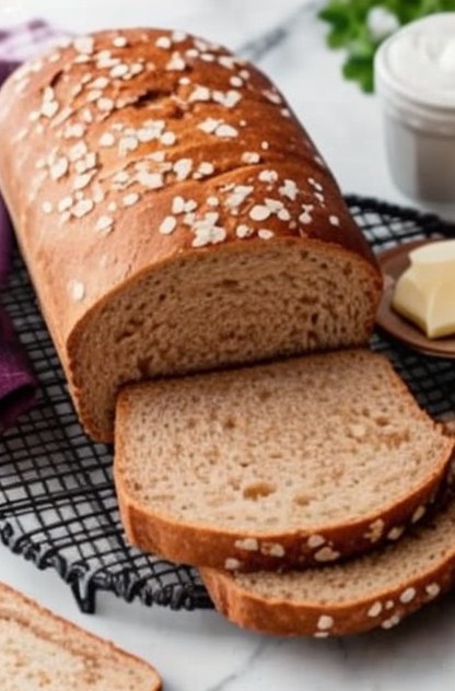 A loaf of multigrain bread with slices and grains.